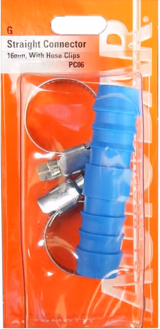Autobar Straight Connector with Hose Clips, Blue, 16mm