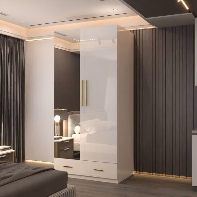 Sliding Wardrobes 4U Modern High Gloss 2 Door Wardrobe with Mirror and Integrated Drawers, White and Gold, W: 90 cm, H: 200 cm