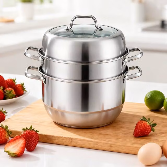 Living and Home 3-Tier 304 Stainless Steel Steamer Pot in Metallic Silver, Diameter: 28 cm