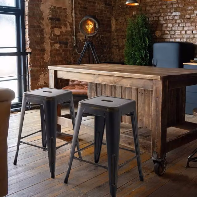Wyld and Coco Set of 2 Black Matt Metal Industrial Stackable Bar Stools