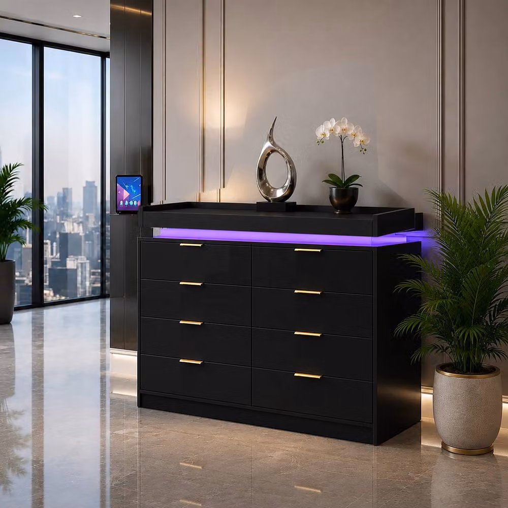Harmin Black Luxury 8-Drawer Chest with Integrated LED Lighting and Remote, Width: 116 cm – 3