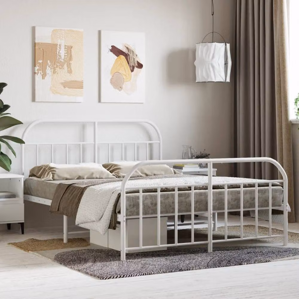 Berkfield Home Metal Bed Frame with Headboard and Footboard in White, W/D/H: 140 x 200 cm – 2