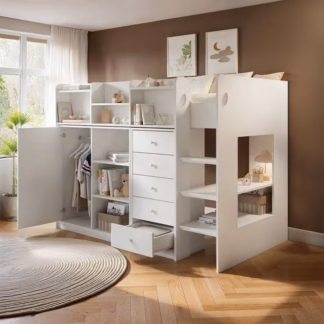 Flair Furniture Wizard Mid High Sleeper Storage Station in White with Stairs and Drawers – 3