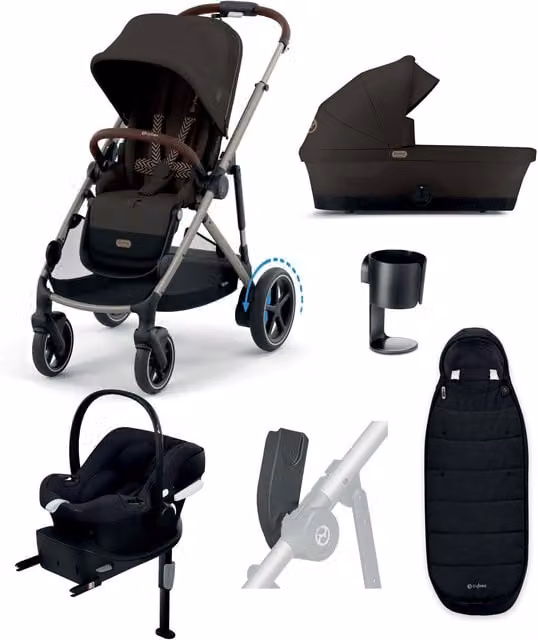 Cybex e-Gazelle S Electric Pushchair Bundle with Cybex Aton B2 i-Size Car Seat and Base, 6 Pieces, Chocolate Brown