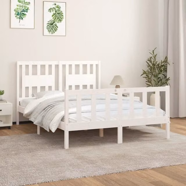 Berkfield Home White Solid Wood Pine Bed Frame with Headboard W/D/H: 140 x 200 cm