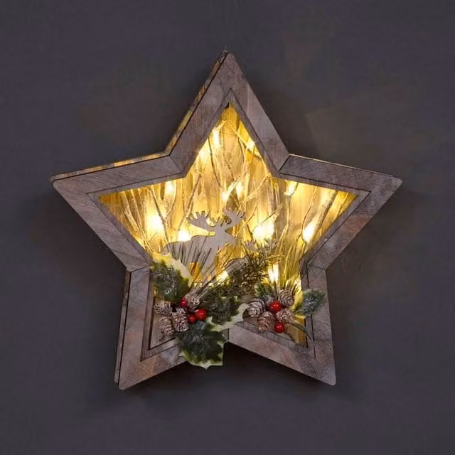 Shatchi Brown Wooden Star Shaped LED Reindeer Christmas Tabletop Scene, W: 38 cm, D: 6 cm, H: 38 cm – 1