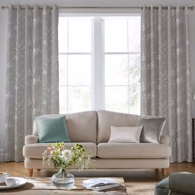 Laura Ashley Pussy Willow Made To Measure Eyelet Curtains in Grey Floral Viscose and Linen Fabric