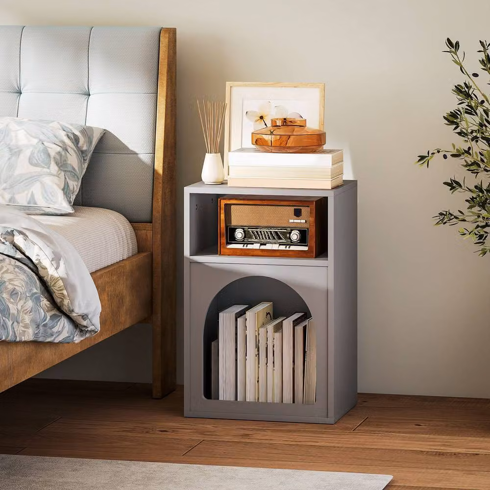 STILVORA Modern Grey Lacquered Bedside Table with 2 Open Compartments – 2