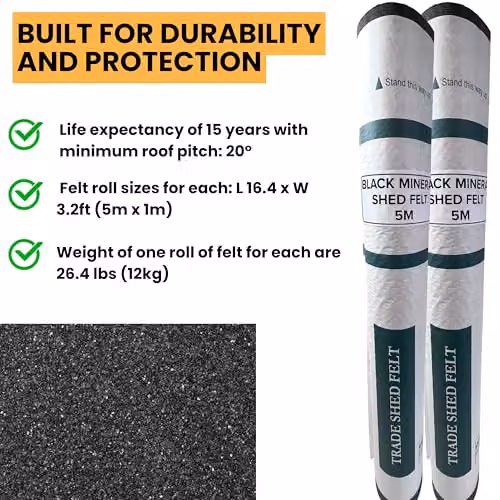 Novecrafto Heavy-Duty Mineral Shed Roofing Felt, Standard Grade, Green, 2 Rolls, W/D/H: 5 x 1 m per roll – 9