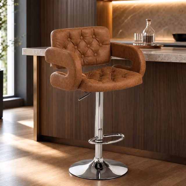 STILVORA Brown Adjustable Swivel Bar Stool with Armrests and Synthetic Leather Upholstery – 1