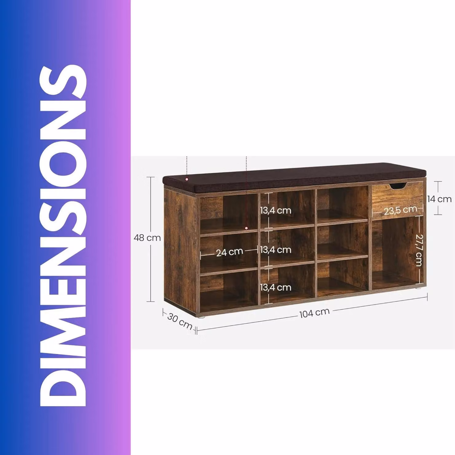 FURNOS 10 Compartment Industrial Rustic Shoe Storage Bench in Brown – 3
