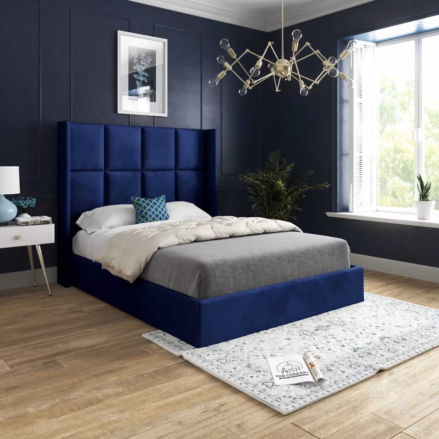 Casani Modern Upholstered Velvet Bed Frame in Blue, W/D/H: 144 x 200 cm – 2