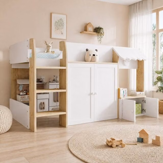 STILVORA Junior Single Bed Frame with Storage and Stairs in White – 1
