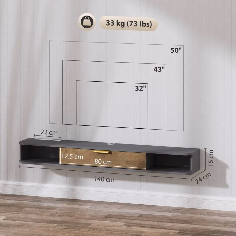 Wyld Haus Nova Floating TV Stand with Storage, Charcoal Grey and Gold, W: 140 cm, D: 24 cm, H: 16 cm – 3
