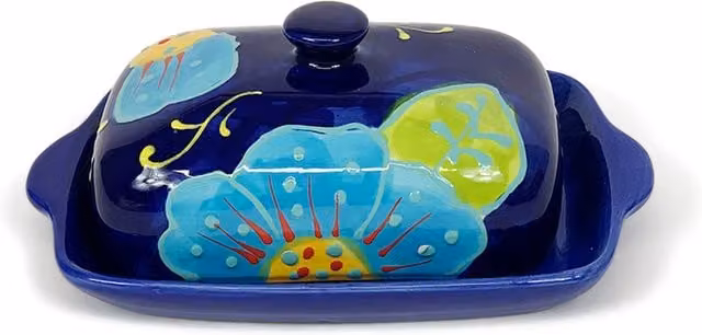 Verano Spanish Ceramics Classic Hand Painted Ceramic Butter Dish in Blue Floral