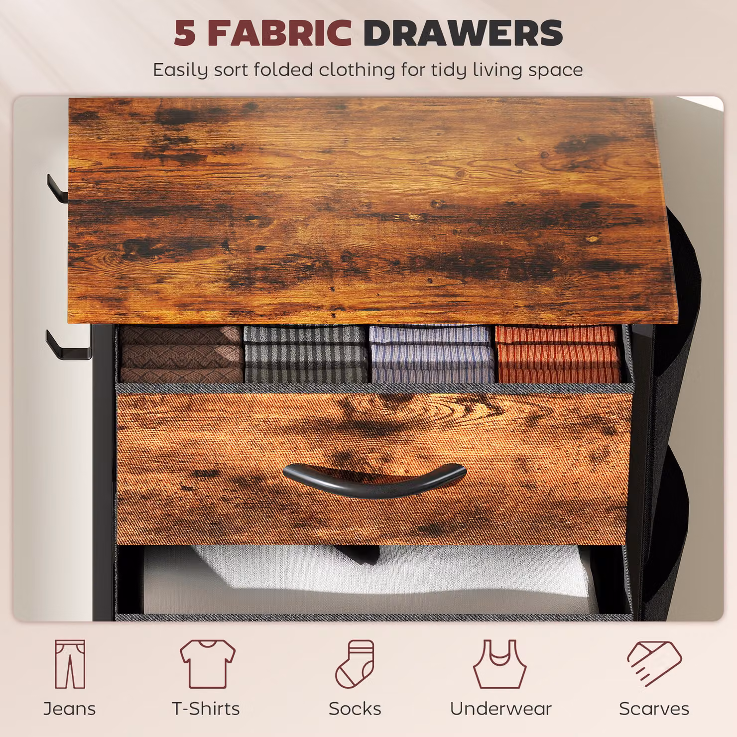 HOMCOM Chest of Five Fabric Drawers in Rustic Brown – 4