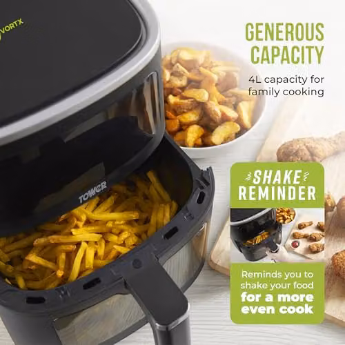 Tower T17174 Vortx Vizion 4L Air Fryer with Digital Control Panel, 6 Pre-sets, 60 Minute Timer and Shake Reminder, 1300W, Black – 3