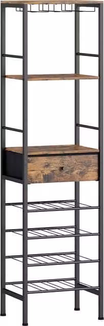 HOMCOM Industrial Freestanding Wine Bar Cabinet with 16-Bottle Rack and Glass Holder in Rustic Brown, W: 60 cm, D: 29 cm, H: 148.5 cm – 1