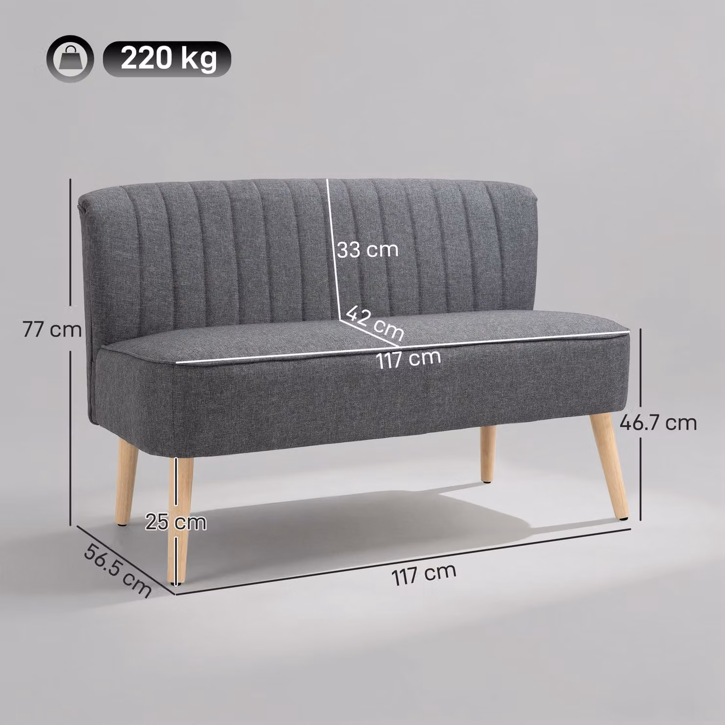 HOMCOM Grey Upholstered 2 Seater Loveseat Sofa with Rubberwood Legs – 3