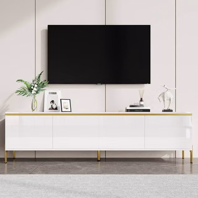 Merax Modern High Gloss TV Unit in White with Gold Metal Legs