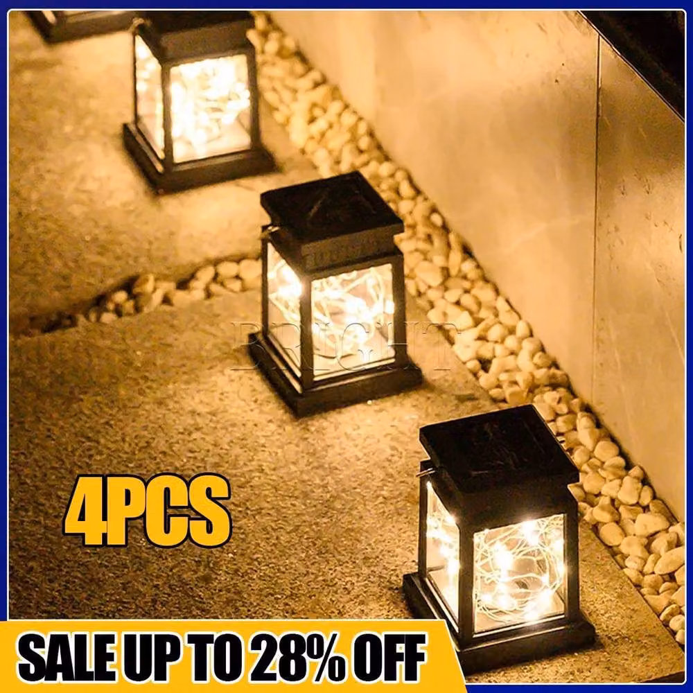 FLAVORA Set of 4 Solar LED Hanging Lanterns in Black with Warm White Light – 3