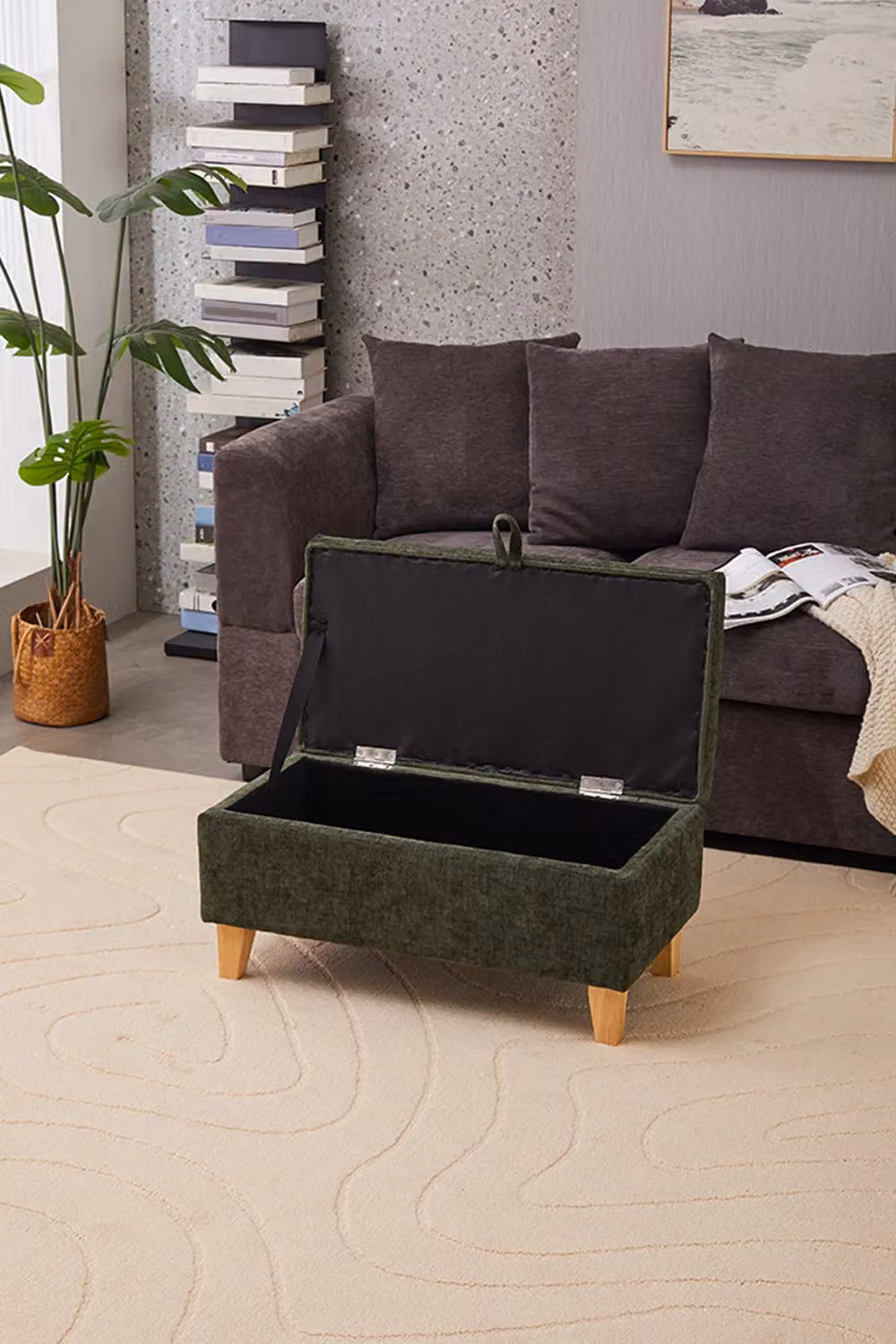 Living and Home Chenille Upholstered Storage Ottoman in Green, Small – 2