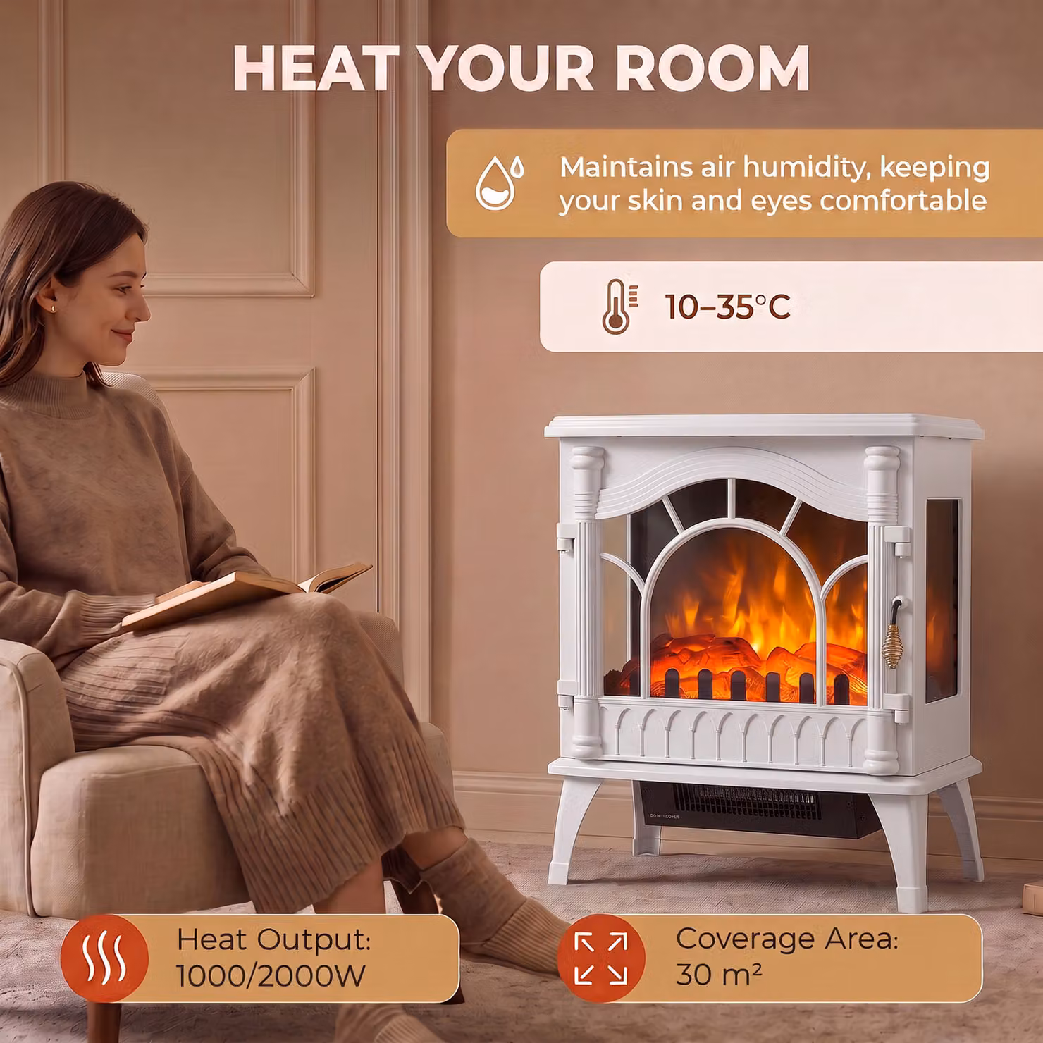 HOMCOM 3-Sided Glass Electric Fire Fan Heater, Freestanding Log Burner with Flame Effect, White – 6