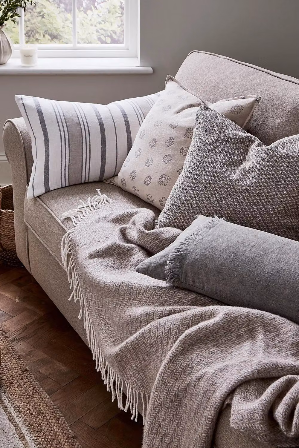 Murmur Plain Square Linen and Cotton Cushion in Grey and Beige, W/D/H: 50 x 50 x 50 cm – 2