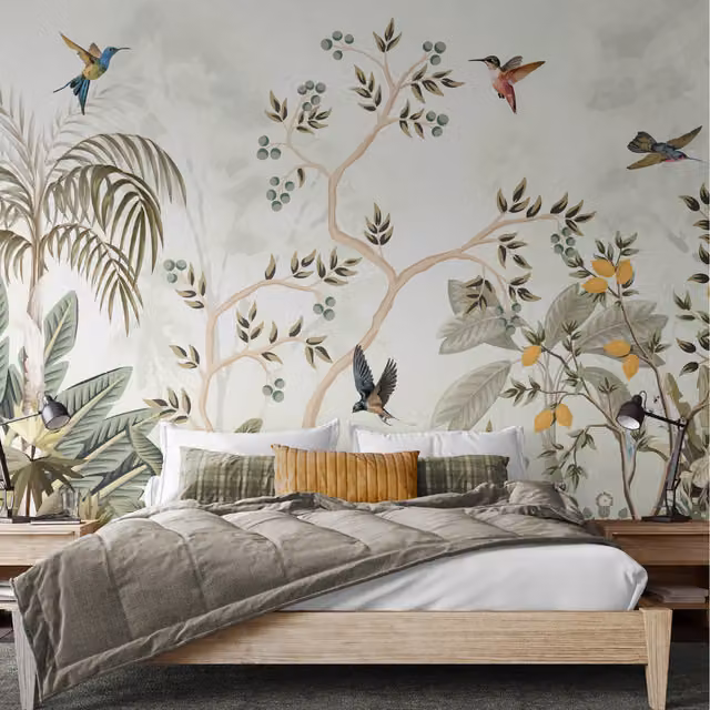 Origin Murals Lemon Tree Forest Large Scandinavian Floral Wall Mural in Natural Sage and Green