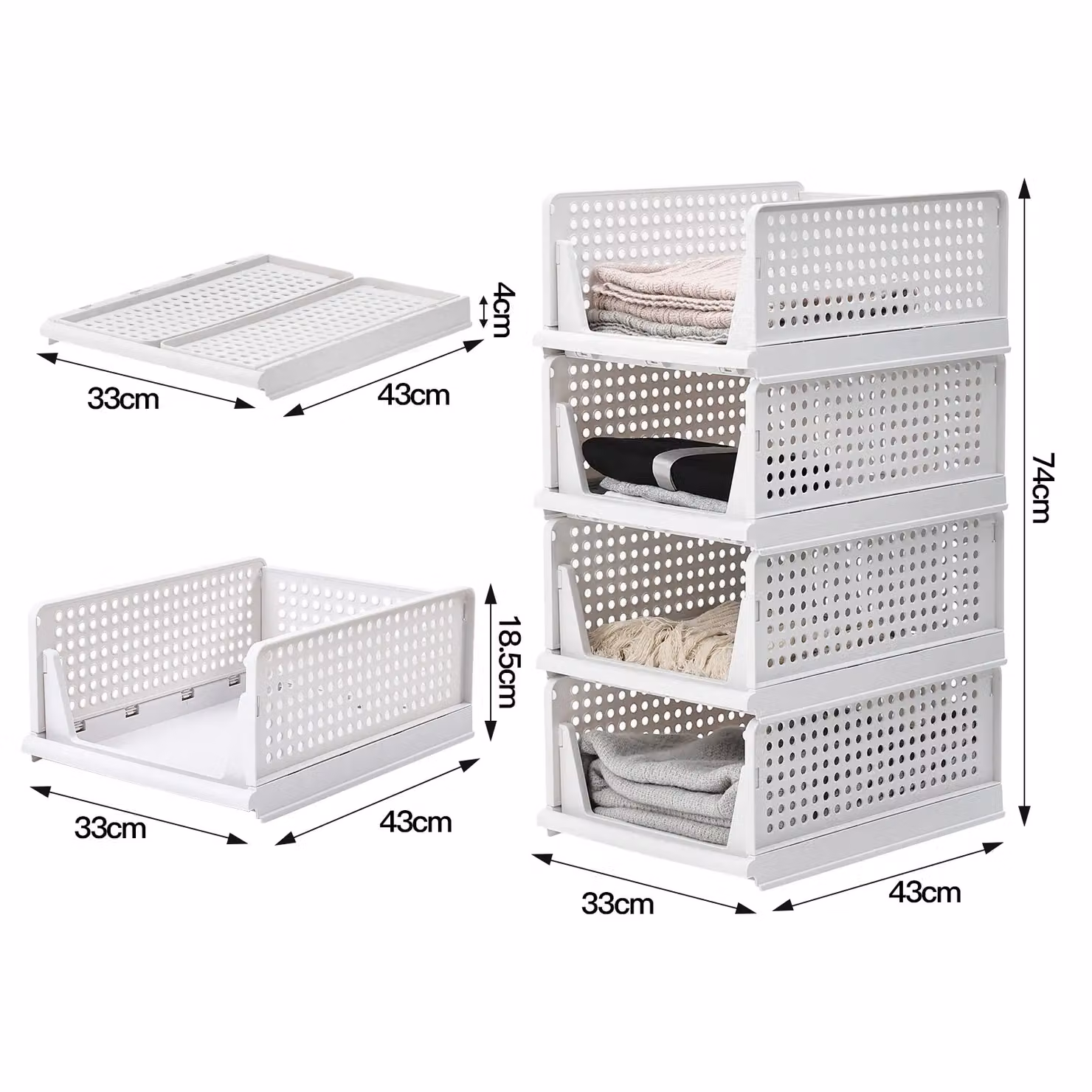 Living and Home 4-Piece Stackable Plastic Pull-Out Wardrobe Organiser Drawers in White – 6