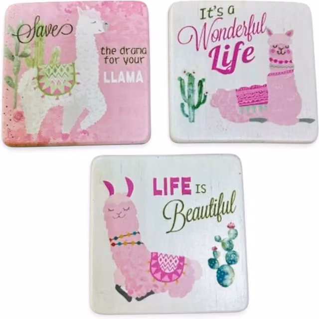 Heaven Sends Set of 3 Pink Llama Design Square Wood Coasters