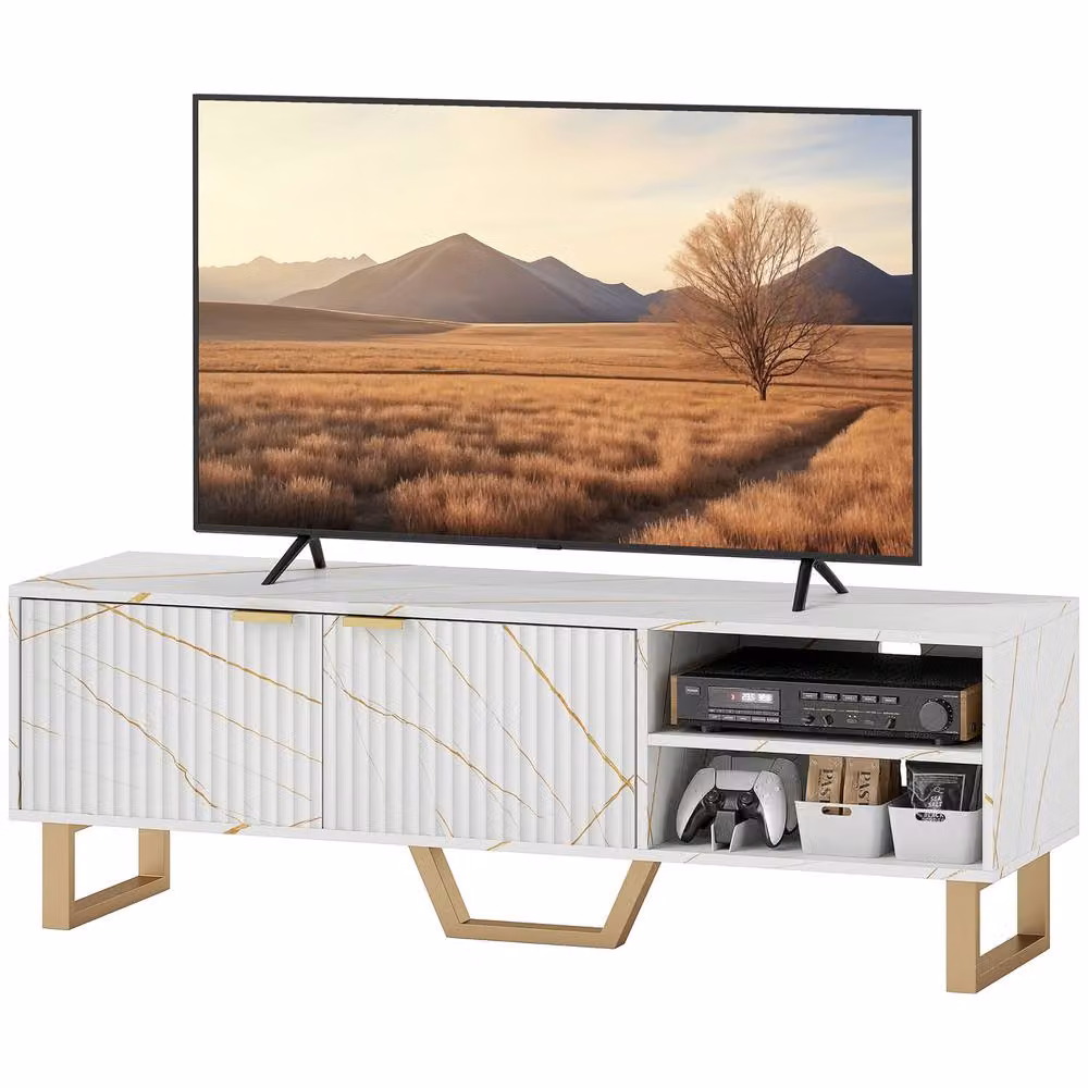 STILVORA Modern Abstract TV Stand in White and Gold with Metal Accents – 5
