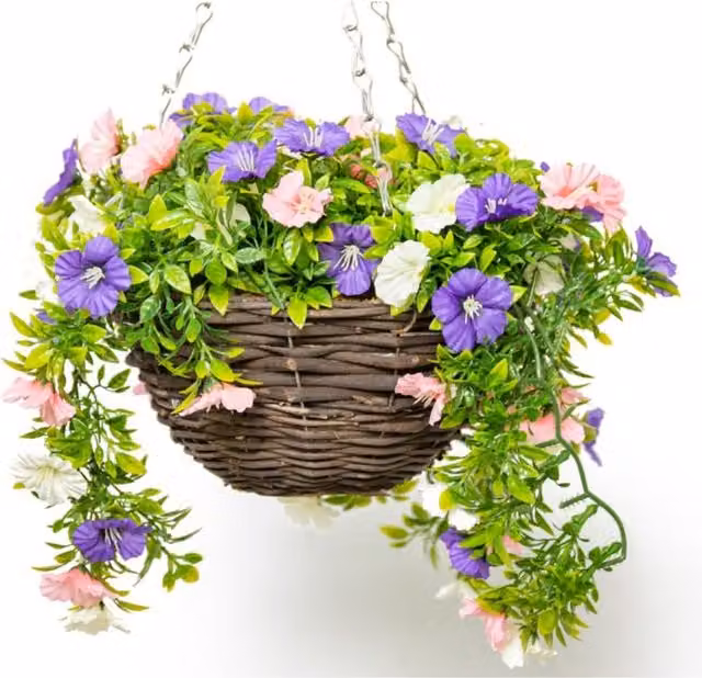 Primrose Rattan Hanging Basket of Multicolour Pink Artificial Petunias