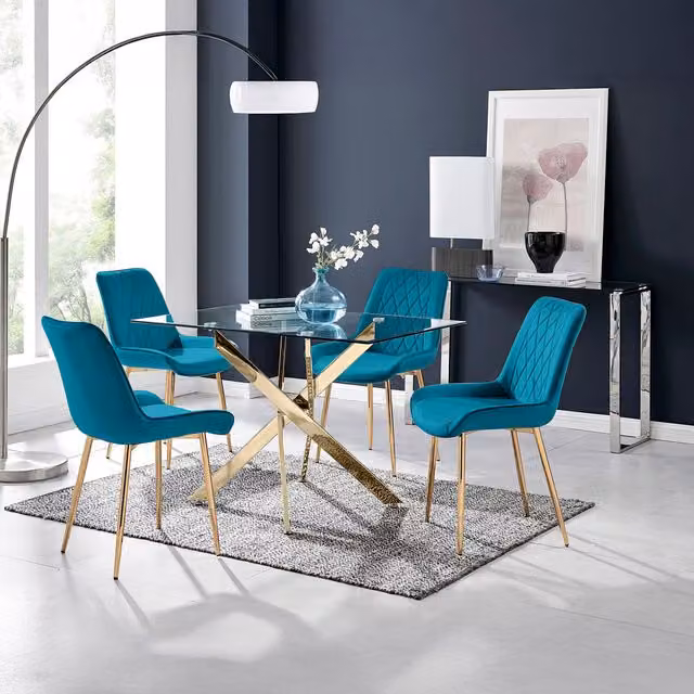 FurnitureboxUK Leonardo Dining Table with Four Pesaro Gold Leg Chairs, Blue and Transparent Glass, W/D/H: 120 x 70 x 75 cm