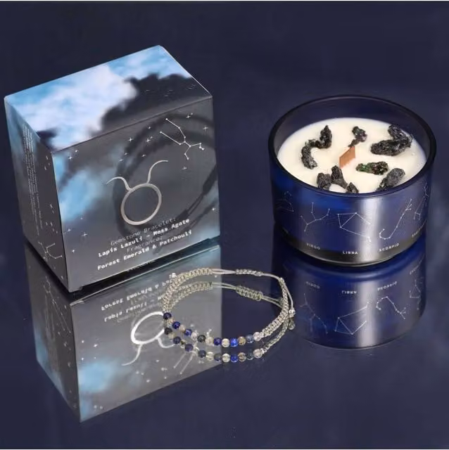 KDMD Zodiac Taurus Crystal Candle and Gemstone Bracelet Set in Forest Emerald Blue