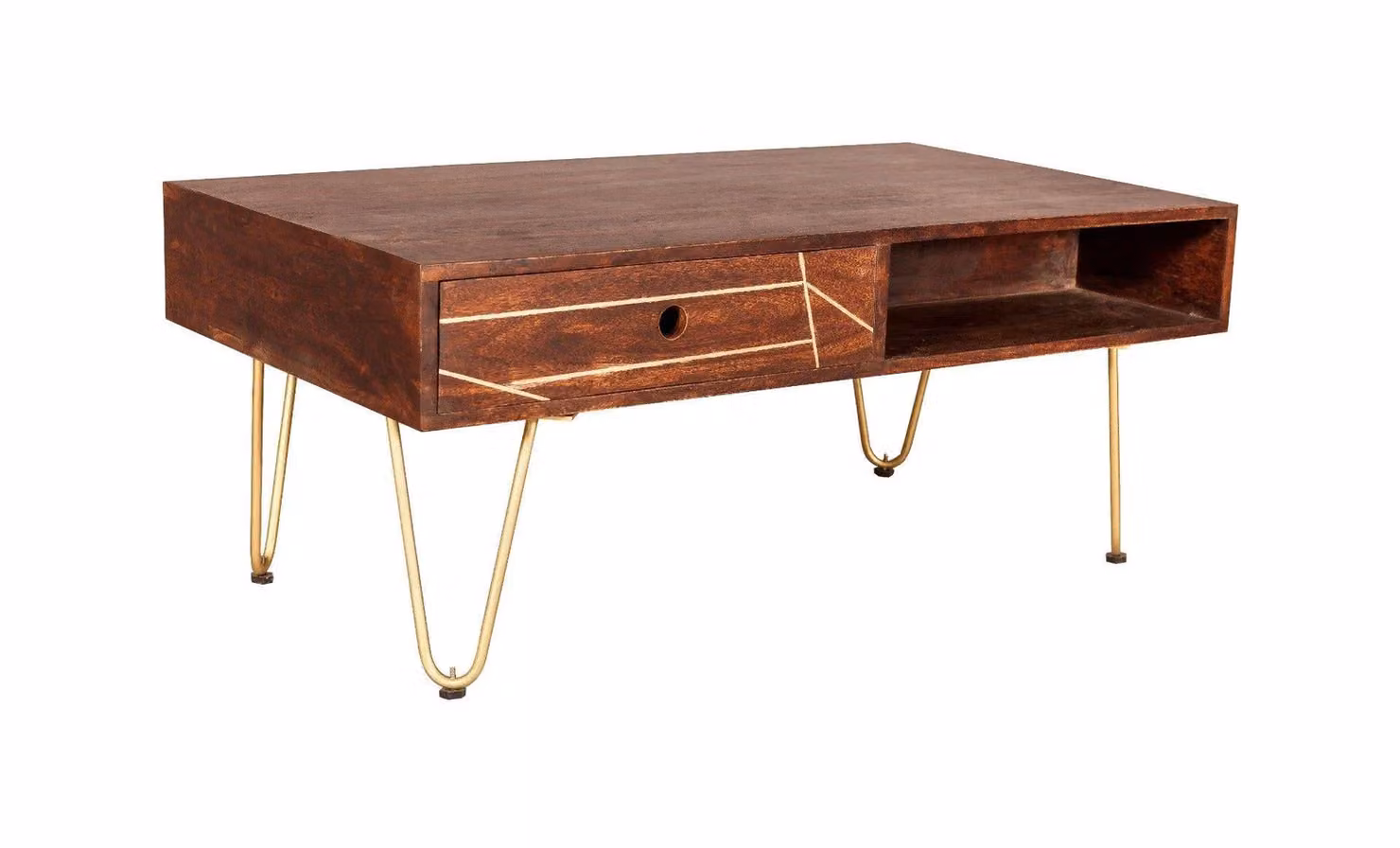 IH Design Deiondre Rectangular Coffee Table in Dark Mango Wood and Brown with Gold Accents – 2