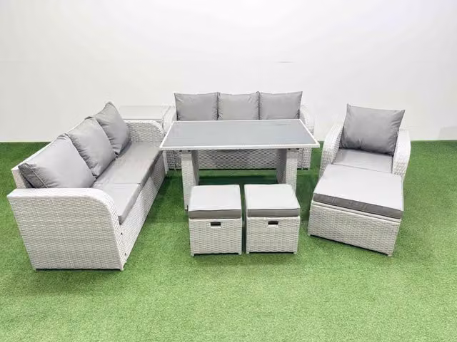 Fimous 10-Seater Patio Furniture Set with Rectangular Table, Sofa, Side Table and 3 Stools in Light Grey