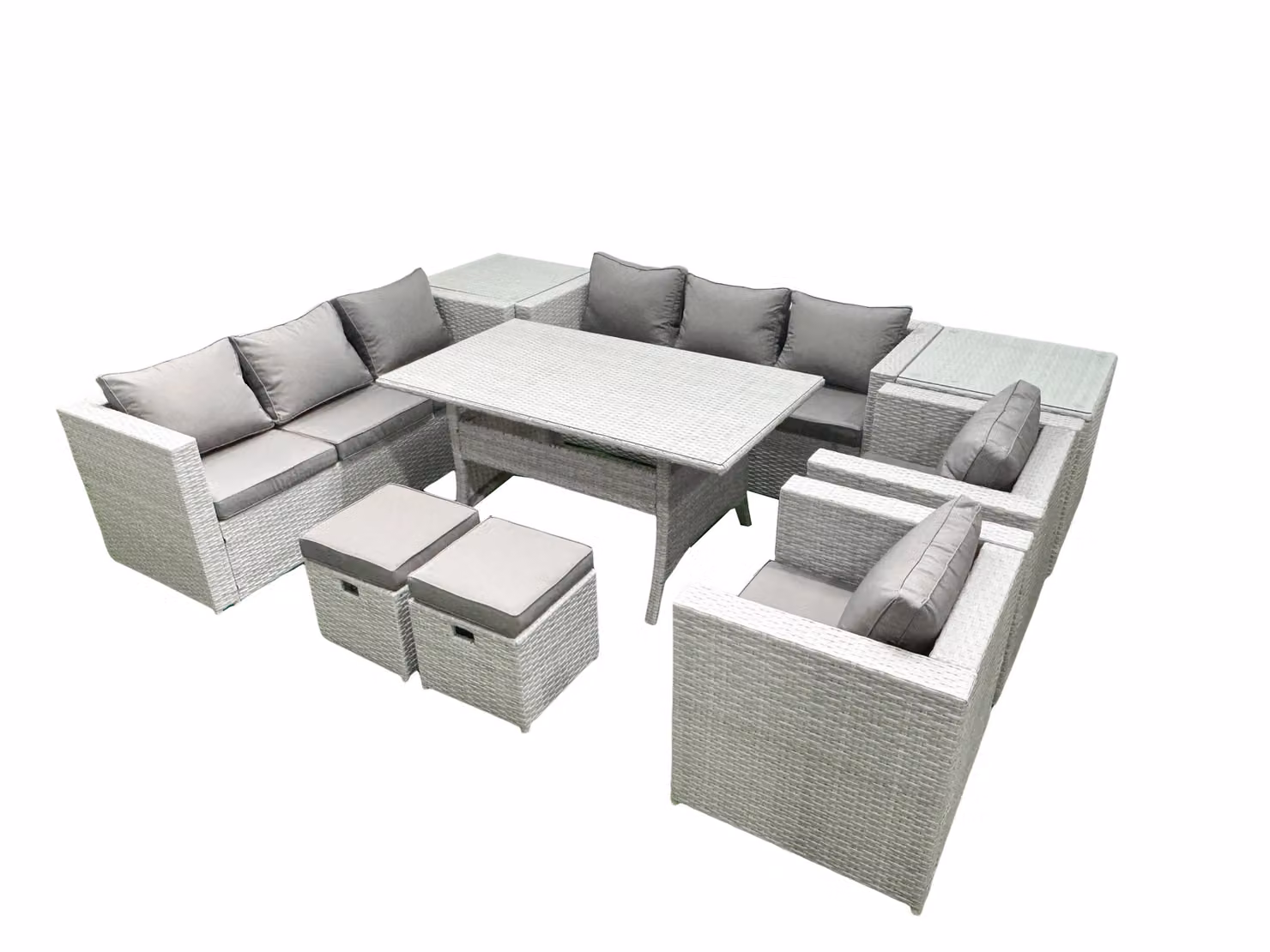 Fimous 8 Seater Rattan Garden Furniture Set with Dining Table, 2 Chairs, 2 Side Tables and 2 Footstools in Light Grey – 2