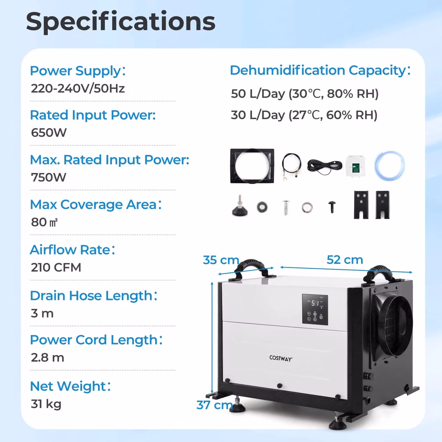 Gymax Commercial Crawl Space Dehumidifier with Drain Hose, White, 50L/Day – 2