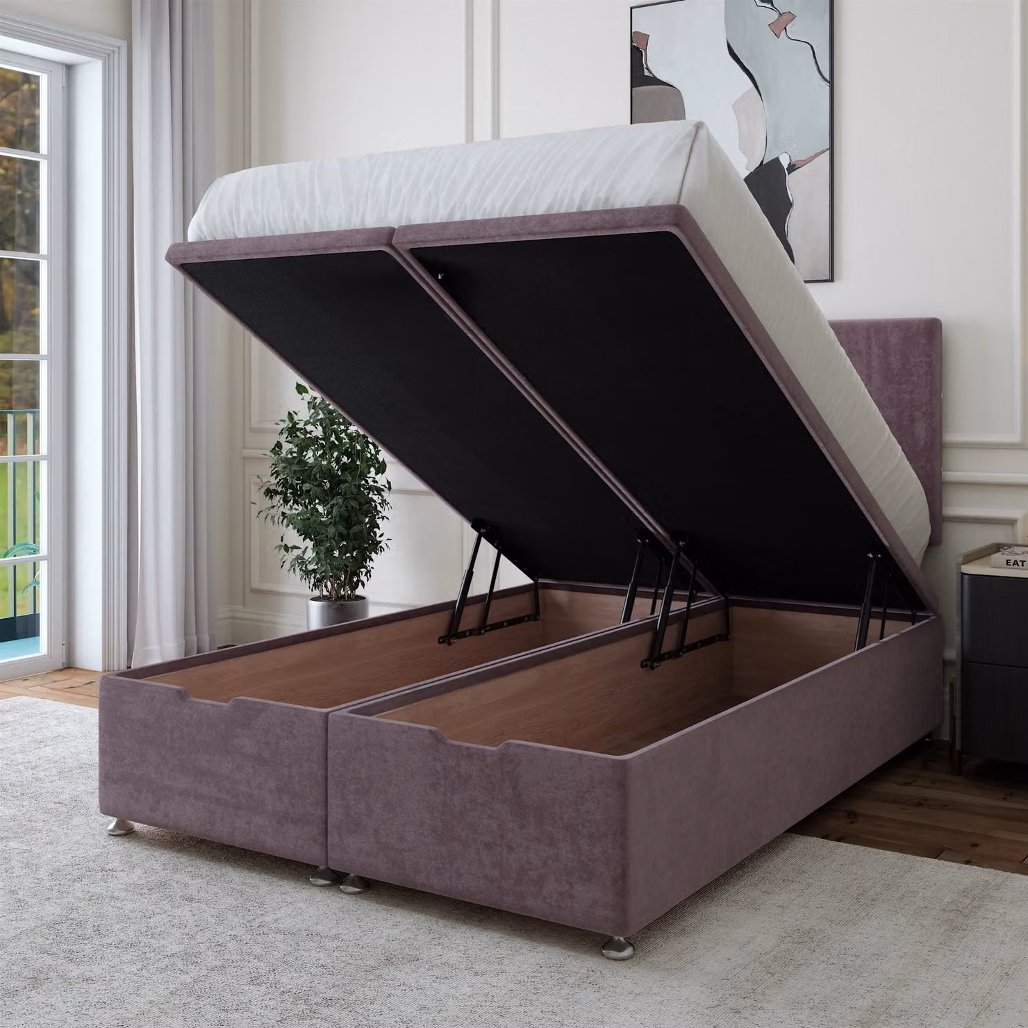 Bedmaster Luxury Velvet Ottoman Divan Base and Lined Headboard in Mauve, Super King, W/D/H: 200 x 200 cm – 2
