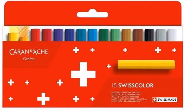 Caran d'Ache Swisscolor 15 Half-Length Permanent Water-Resistant Wax Pastel Set in Assorted Colours