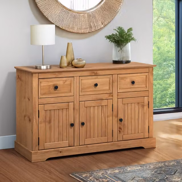 Mercers Furniture Country Solid Wood Pine 3 Door 3 Drawer Sideboard in Antique Wax Brown