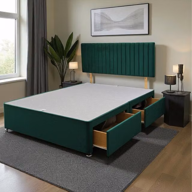 Knight Sleep Emily Divan Bed Base with 2 Drawers and Headboard, Green Velvet, W/D/H: 200 x 200 cm