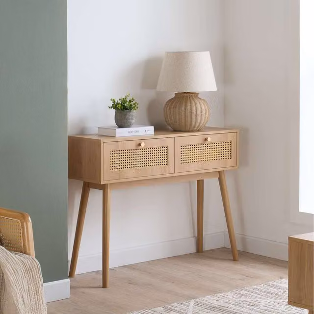 Birlea Croxley Modern Rectangular Console Table in Oak and Rattan