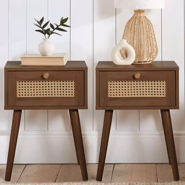 Croxley Pair of Mid-Century Walnut Bedside Tables with One Drawer Each and Rattan Details