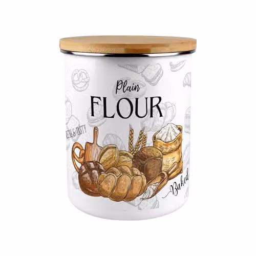 Purely Home Airtight Plain Flour Canister in Brown and White Ceramic with Bamboo Lid