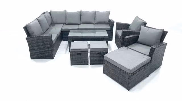 Fimous 11 Seat Rattan L-Shape Garden Furniture Set in Dark Grey with Corner Sofa, Coffee Table and Ottoman