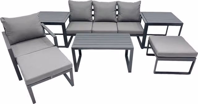 Fimous 6 Seat Aluminium Lounge Set in Dark Grey with 3 Seat Sofa, Coffee Table and 2 Ottomans