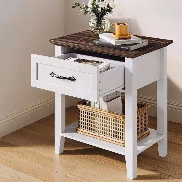 London Boutique Modern White Bedside Table with Drawer and Shelf