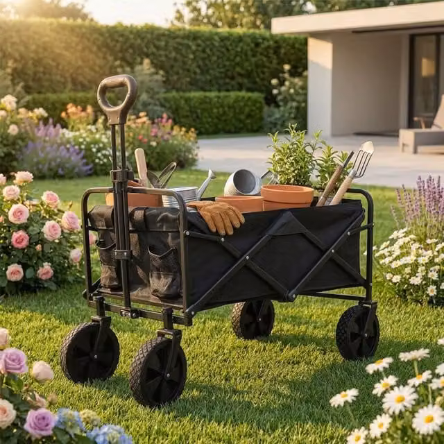 Alivio Heavy-Duty Folding Wagon Cart Collapsible Steel Trolley with Adjustable Handle in Black